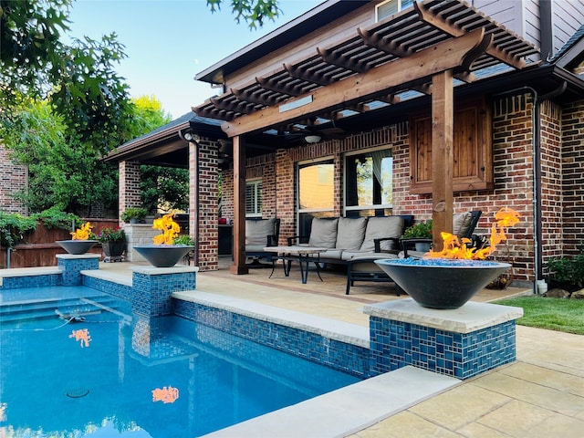 view of swimming pool featuring a pergola, a patio area, and an outdoor living space