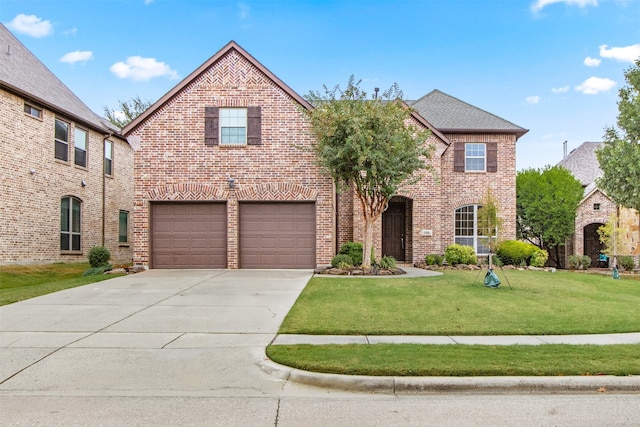 view of front of property with a front yard and a garage