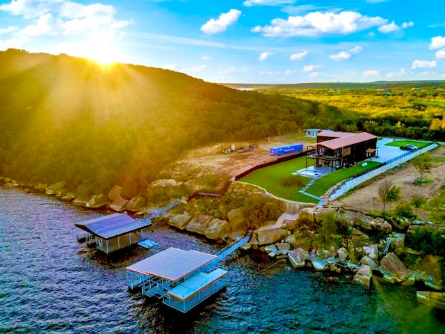 aerial view featuring a water view