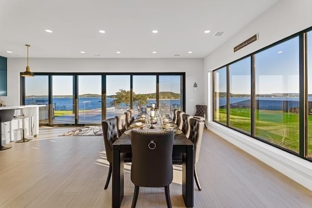 dining room featuring a water view, plenty of natural light, and light hardwood / wood-style floors