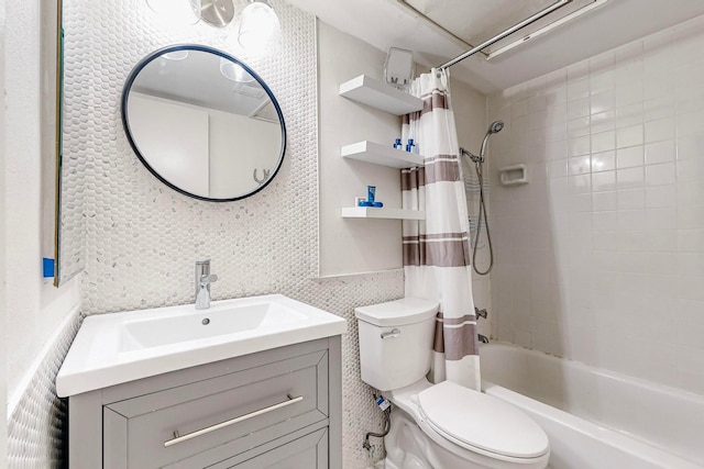 full bathroom featuring tasteful backsplash, vanity, shower / bathtub combination with curtain, tile walls, and toilet