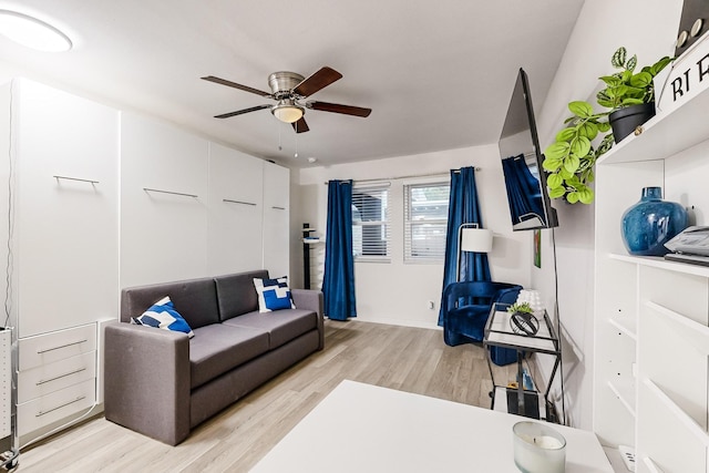 living room with ceiling fan and light hardwood / wood-style flooring