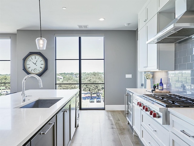 kitchen with sink, hanging light fixtures, ventilation hood, backsplash, and white cabinets