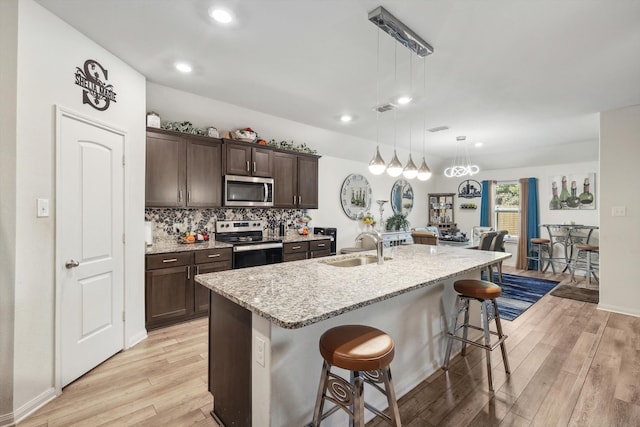 kitchen featuring stainless steel appliances, light hardwood / wood-style floors, a breakfast bar area, and a center island with sink