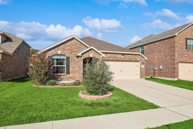 view of front of house with a garage and a front lawn