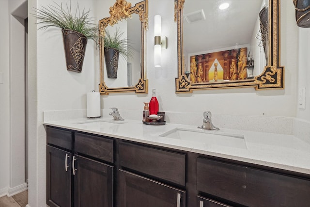 bathroom with vanity and hardwood / wood-style flooring