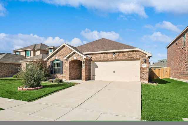 ranch-style home featuring a garage and a front lawn