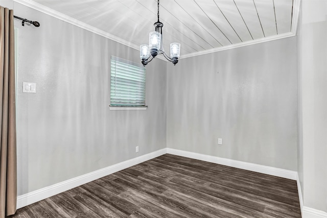 unfurnished dining area featuring a notable chandelier, dark hardwood / wood-style floors, and crown molding