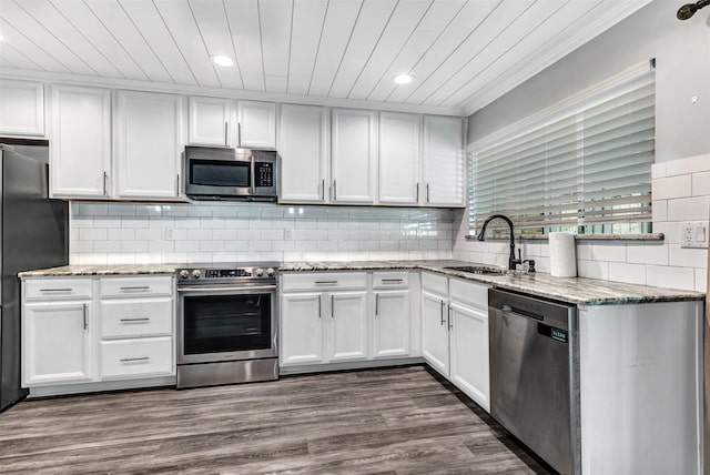 kitchen with white cabinetry, appliances with stainless steel finishes, dark hardwood / wood-style floors, and sink