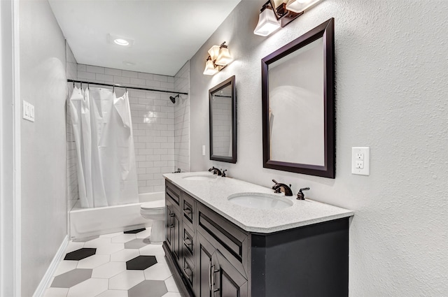 full bathroom with tile patterned flooring, vanity, shower / bath combination with curtain, and toilet