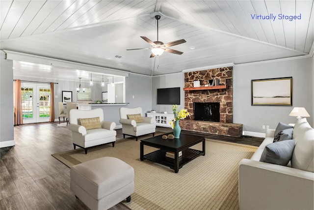 living room featuring wood-type flooring, a fireplace, wood ceiling, vaulted ceiling, and ceiling fan