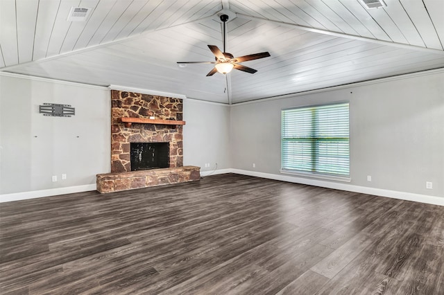 unfurnished living room featuring wooden ceiling, dark hardwood / wood-style floors, a stone fireplace, and ceiling fan