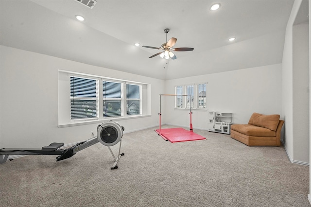 workout area featuring high vaulted ceiling, light carpet, and ceiling fan