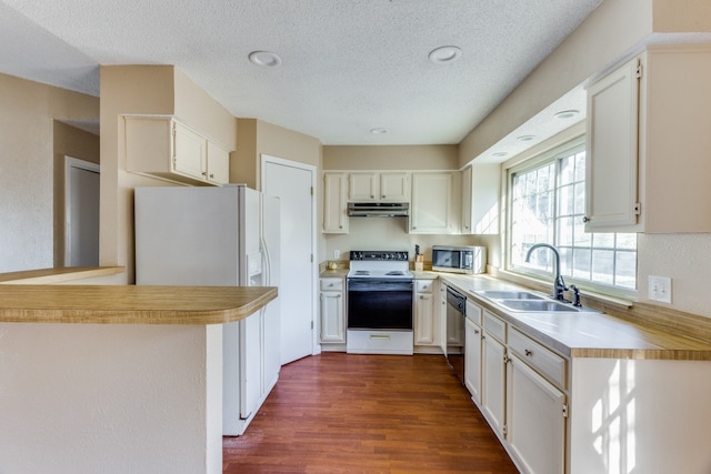 kitchen with appliances with stainless steel finishes, dark hardwood / wood-style floors, sink, white cabinets, and kitchen peninsula