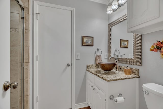 bathroom featuring toilet, vanity, and a shower with shower door