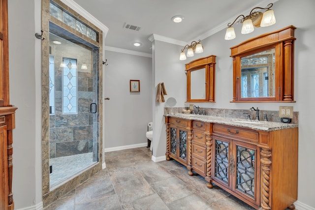 bathroom with a shower with shower door, vanity, toilet, and ornamental molding