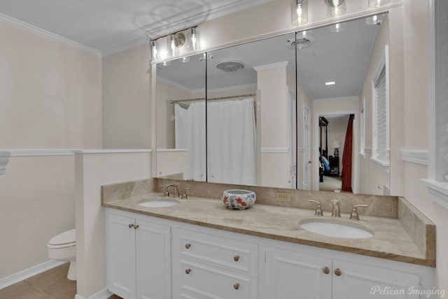 bathroom featuring toilet, tile patterned floors, ornamental molding, vanity, and a shower with shower curtain