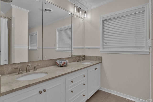 bathroom with vanity, tile patterned floors, and ornamental molding