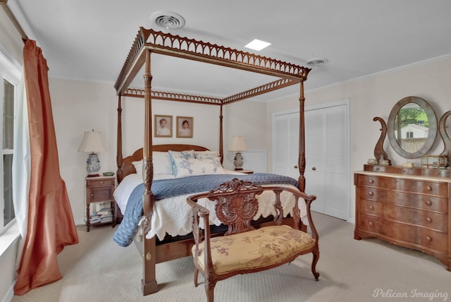 bedroom with light colored carpet and ornamental molding