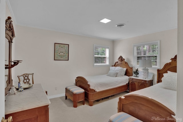 carpeted bedroom with multiple windows and ornamental molding