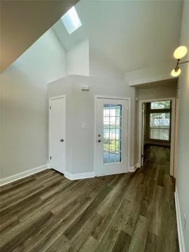 interior space featuring high vaulted ceiling, a skylight, and dark hardwood / wood-style flooring