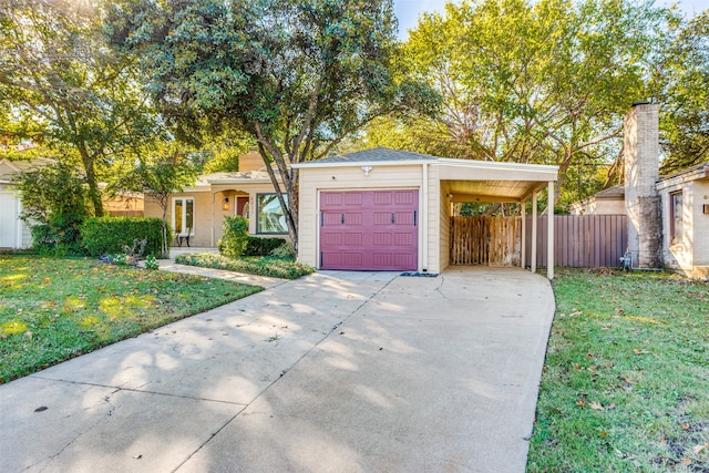 single story home with a garage, a carport, and a front lawn