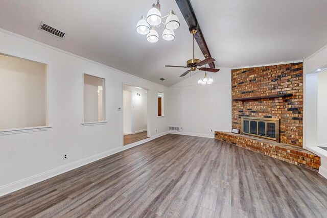 unfurnished living room with hardwood / wood-style floors, ceiling fan, vaulted ceiling with beams, and a brick fireplace