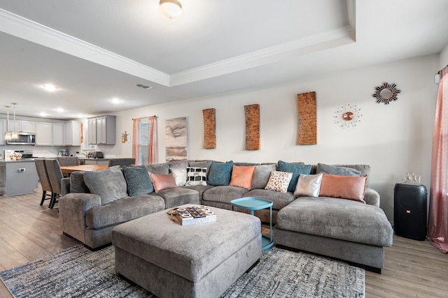 living room featuring crown molding, light hardwood / wood-style floors, and a raised ceiling