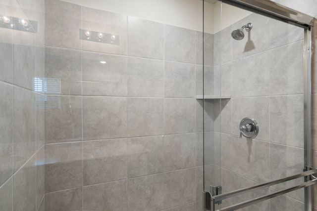 bathroom featuring a shower with shower door