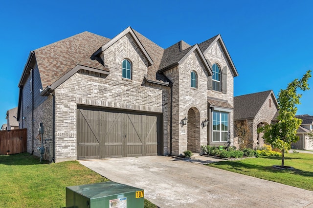 french country inspired facade featuring a garage and a front yard