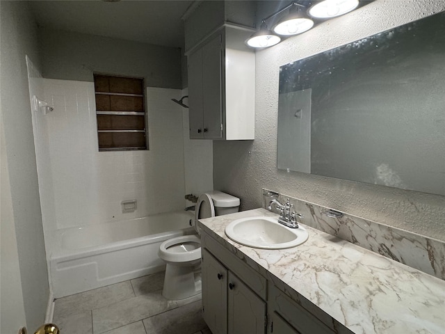 full bathroom with toilet, tiled shower / bath combo, vanity, and tile patterned floors