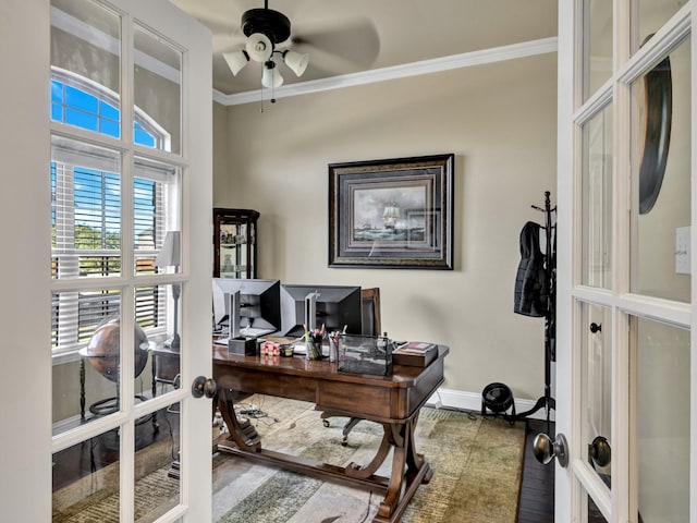 office area with ceiling fan, french doors, ornamental molding, and hardwood / wood-style flooring