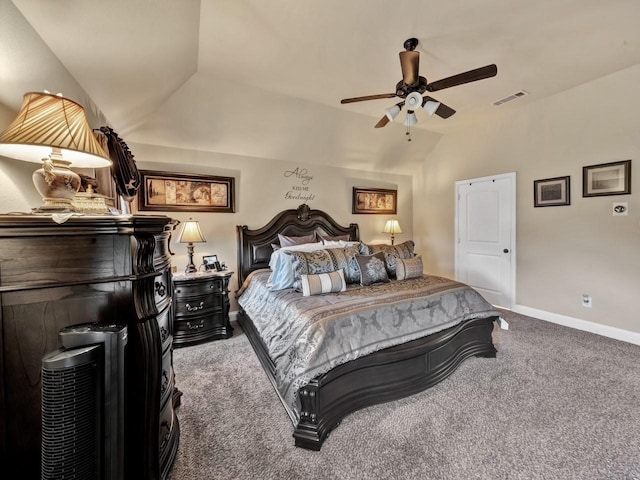 carpeted bedroom featuring ceiling fan and vaulted ceiling