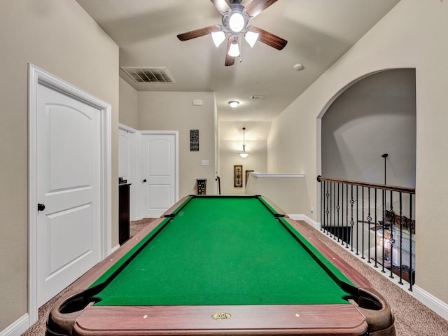 rec room featuring carpet, ceiling fan, and billiards