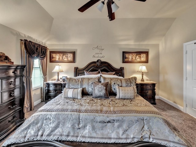 carpeted bedroom featuring ceiling fan and lofted ceiling