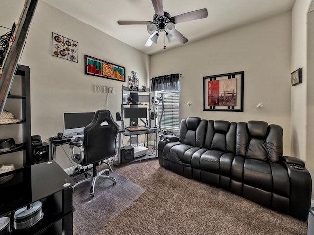 office featuring carpet flooring and ceiling fan