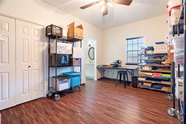 office with dark wood-type flooring and ceiling fan