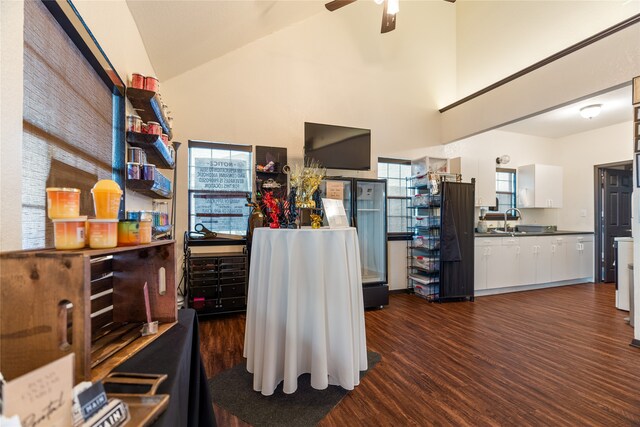 interior space with sink, white cabinetry, high vaulted ceiling, dark hardwood / wood-style floors, and ceiling fan