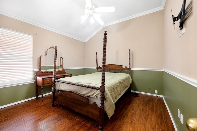 bedroom with hardwood / wood-style flooring, lofted ceiling, and ornamental molding