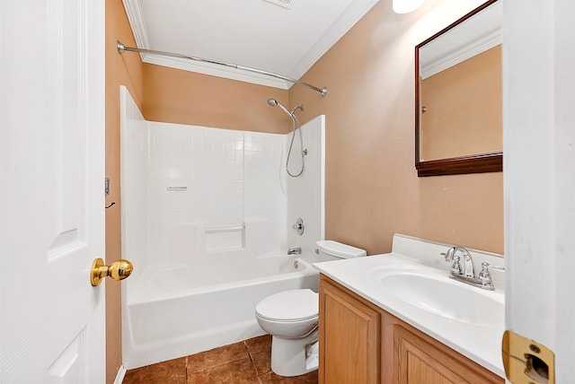 full bathroom featuring tile patterned flooring, ornamental molding, vanity, shower / washtub combination, and toilet