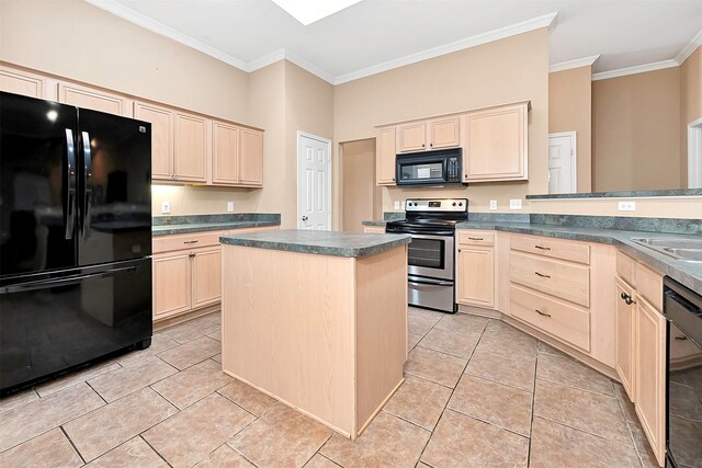 kitchen with light tile patterned flooring, black appliances, ornamental molding, light brown cabinets, and a center island