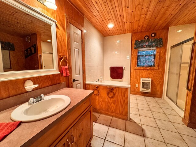 bathroom with an enclosed shower, heating unit, wood ceiling, vanity, and wooden walls