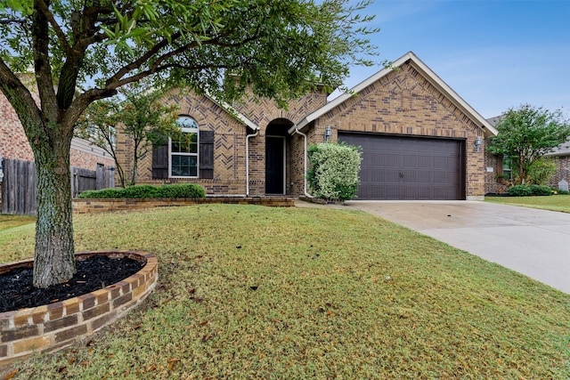 single story home featuring a front lawn and a garage