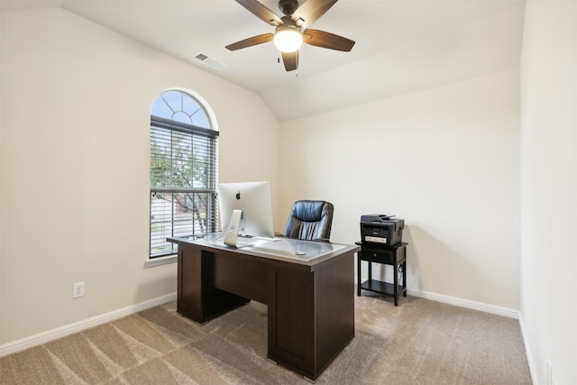 office area with carpet, lofted ceiling, and ceiling fan