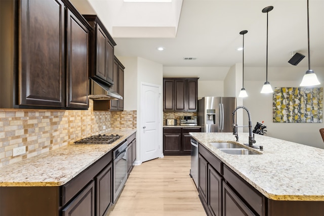 kitchen with stainless steel appliances, sink, an island with sink, light hardwood / wood-style flooring, and pendant lighting