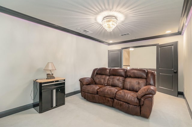 carpeted living room featuring a chandelier and crown molding