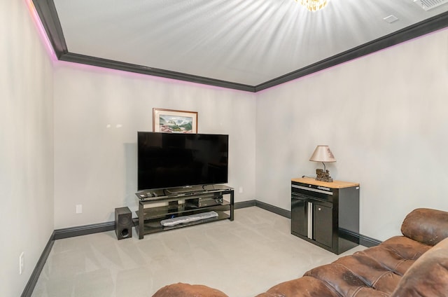 living room featuring light carpet and ornamental molding