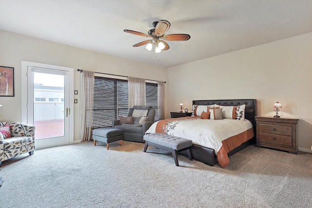 carpeted bedroom with access to exterior and ceiling fan