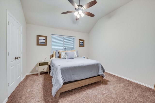 bedroom featuring ceiling fan, carpet flooring, and vaulted ceiling