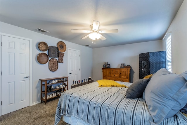 bedroom featuring carpet flooring and ceiling fan